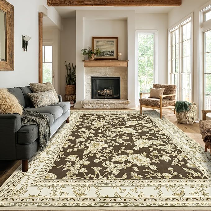 Extra Large Browm Area Rug for Living Room 10x14, Floral Dining Room Rugs for Under Table, Washable Soft Non Slip Low Pile Carpet for Large Bedroom Brown with Beige Cream Khaki Floral Design 10 x 14