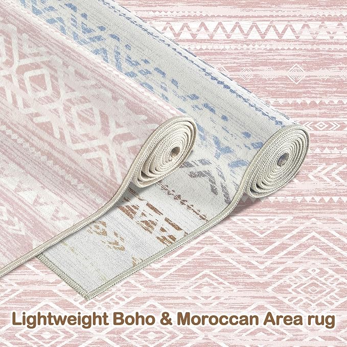Tortania Area Rug Living Room Rugs- 10x12 Washable Large Soft Neutral Boho Moroccan Bohemian Farmhouse Rug Indoor Floor Carpet for Bedroom Under Dining Table Home Office Decor - Pink
