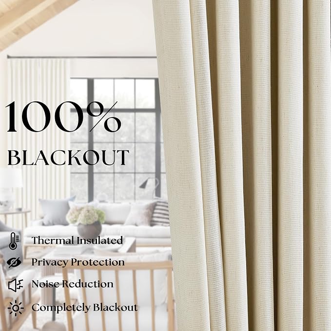 Cream Beige 63 Inch Length Blackout Pinch Pleated Linen Curtains with Liner | Memory Trained, 100% Black Out, Thermal Insulated, UV Blocking, Noise Reducing Curtains for Small Window Bedroom 2 Panels