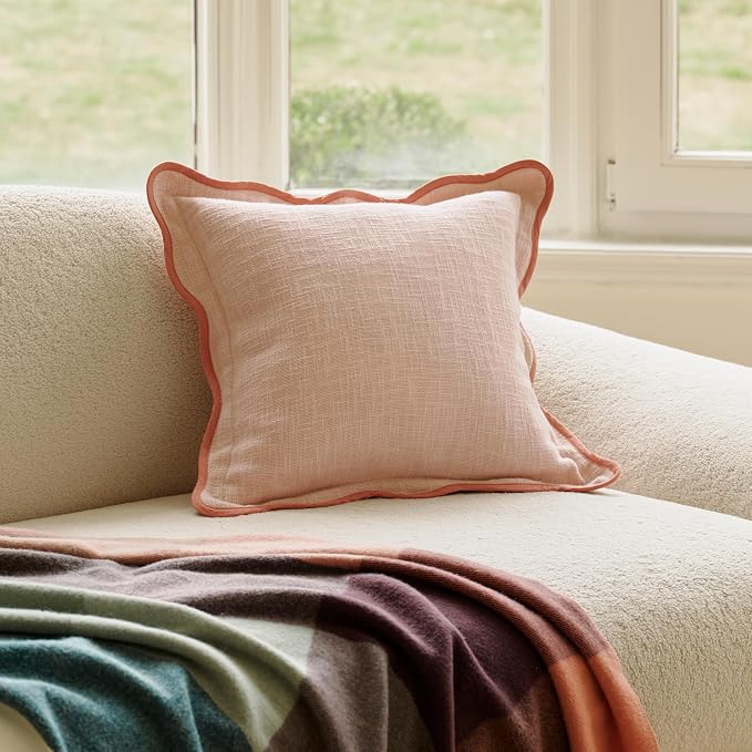Double Stitch Scalloped Throw Pillow Covers - 100% Cotton Set of 2 Decorative Boho Pillow Covers 20 x 20, Made in India, Square Cushion Case, Modern Home Decor for Couch Sofa Living Room, Shell Pink