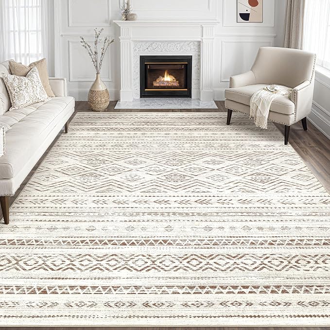 Tortania Area Rug Living Room Rugs - 8x10 Washable Large Soft Neutral Boho Moroccan Bohemian Farmhouse Rug Indoor Floor Carpet for Bedroom Under Dining Table Home Office Decor - Beige Brown