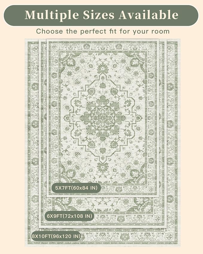 Madane 6x9 Area Rugs for Living Room, Machine Washable Vintage Green Rug with Non-Slip Backing, Soft Throw Rug, Thin Carpet for Bedroom Dining Room Farmhouse Under Table, Green/Ivory