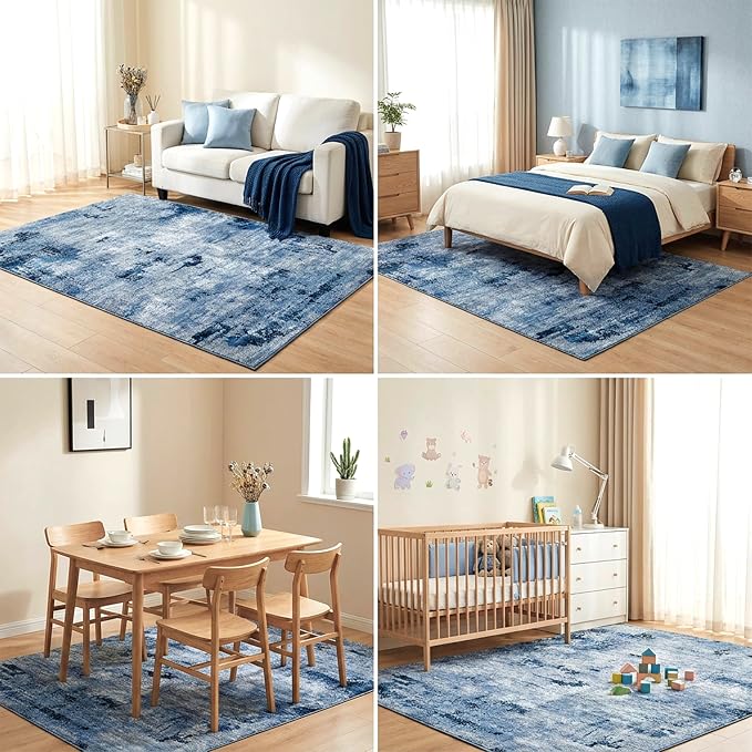 Washable Area Rug, Low Pile, Pet & Kid Friendly, 6'x9', Navy Blue | Water & Stain Resistant, Non-Slip Silicone Backing, 100% Cotton-Backed, Foldable, Modern Urban Luxury, For Living Room