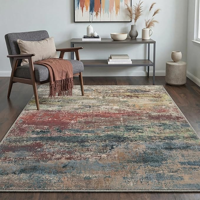 GENIMO 8x10 Area Rugs for Living Room, Machine Washable Rug Non Slip, Low Pile Ultra-Thin Lightweight Large Carpet, Abstract Modern Rugs for Bedroom, Dining Room, Office, Nursery, Bloom Red