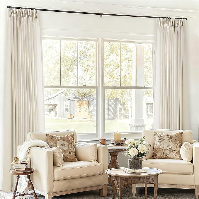 Cream Beige Extra Wide Pinch Pleat Linen Curtains 84 Inches Long | 72 Inch Wide, for Living Room Sliding Glass Door, Oatmeal, Boho, Pleated Drape, Hooks Rings, 72x84 Large Window Curtain
