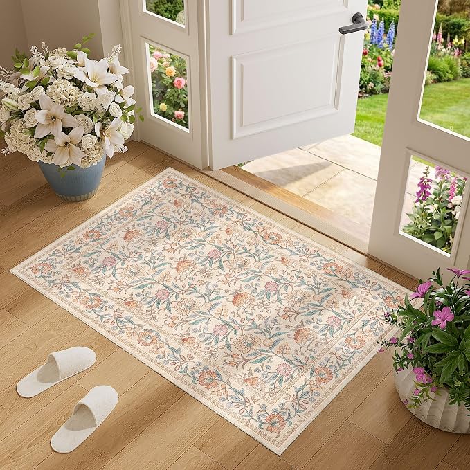 DUKINO 2x3 Rug, Washable Vintage Floral Bathroom Rugs Non Slip, Beige | Low Pile, Stain Resistant Boho Soft Indoor Door Mat, Small Front Door Carpet for Entryway Kitchen Laundry Bedroom Farmhouse