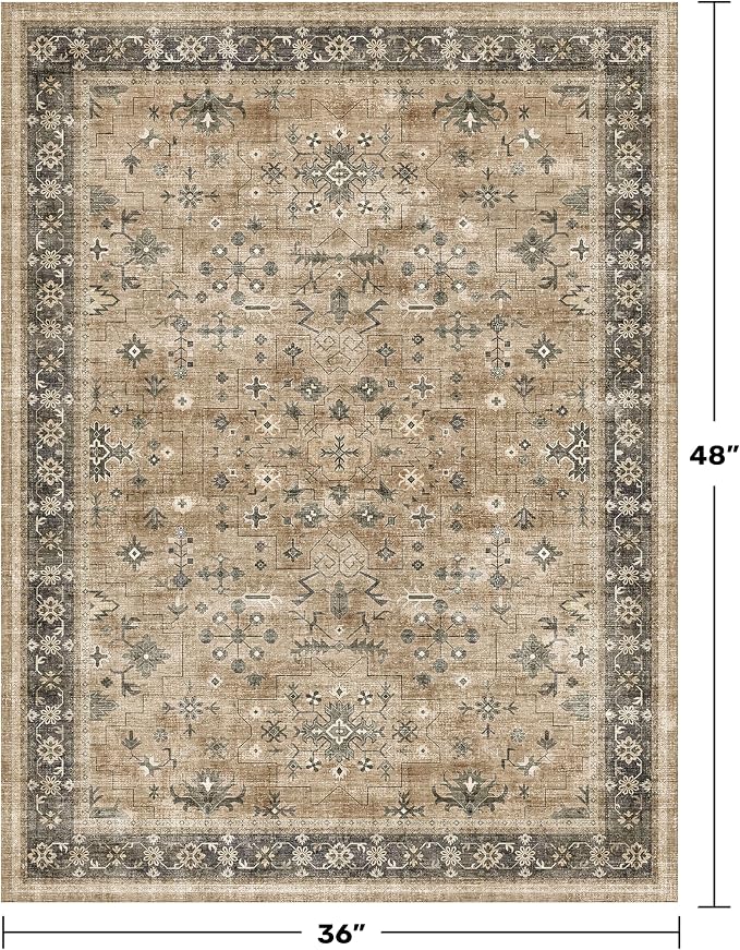 Hazo Haus Traditional Washable 3x4 Entry Rug, Mudroom Indoor Entrance Door Mat, Non-Slip Kitchen Floor Rug with Rubber Backing, Stain and Fade Resistant, Earthy Taupe & Sage Floral Design