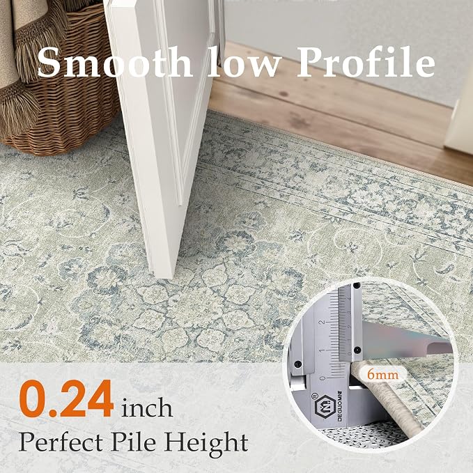 HUGEAR Hallway Runner Rugs 2x8 Machine Washable Vintage Sage Green Throw Carpet Non Slip Stain Resistant Low Pile for Bedroom Kitchen Retro Aesthetic Modern Decor
