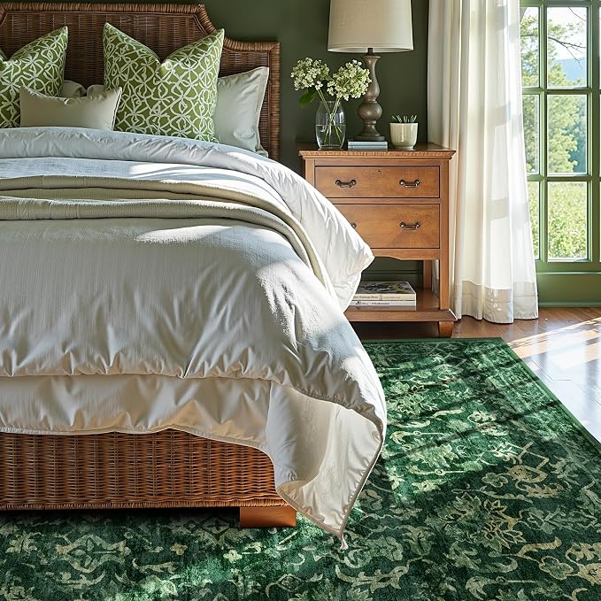 Dark Green Area Rugs 7x9 for Bedroom Nursery, Machine Washable Vintage Rugs, Distressed Living Room Rug, Non Slip Rugs for Living Room Rug Carpet Green for Dining
