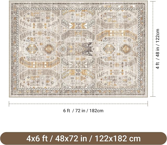 befbee 4x6 Rugs for Living Room Bedroom,Non-Slip Washable Rug,Stain Resistant Lightweight Area Rugs for Dining Room,Ultra-Thin Indoor Floor Carpet (Brown/Gold, 4'x6')