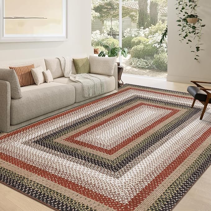 RUGSREAL 9x12 Braided Rug Washable Living Room Rug Modern Braid Printed Large Bedroom Rug with Rubber Backing Farmhouse Accent Large Carpet for Dining Room Home Decor Office, Crimson/Earthy