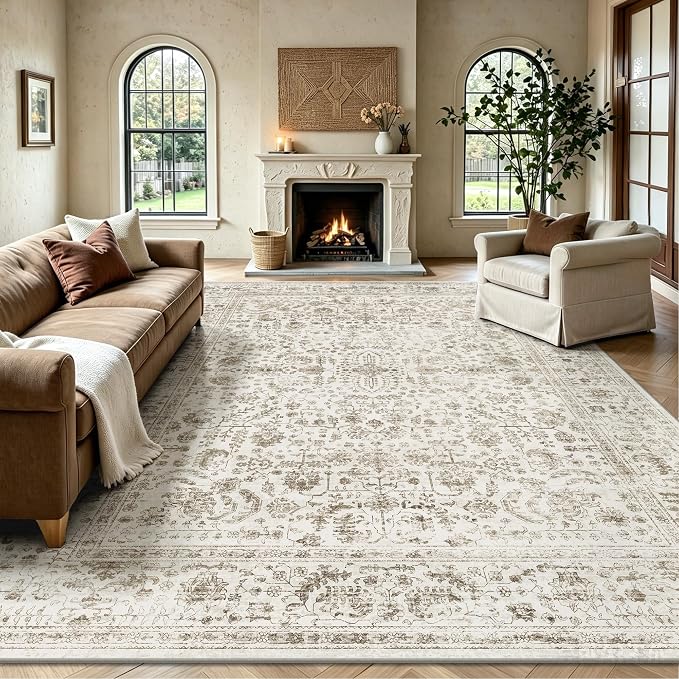 8x10 Area Rugs for Living Room, Washable Vintage Retro Floral Rug, Low Pile Non Slip Distressed Large Carpet for Bedroom, Dining Room, Office, Home (Brown)