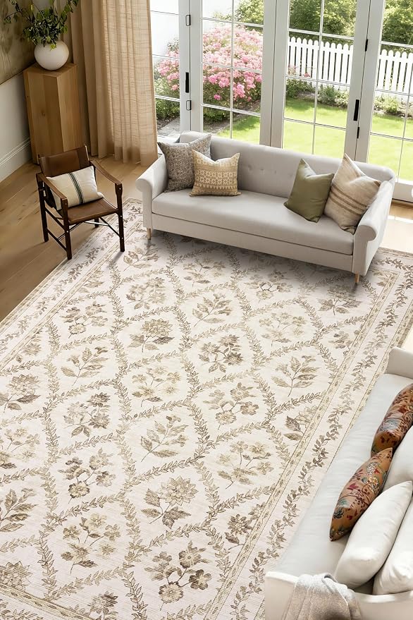 Tan Brown Living Room Rug 5x8 Soft Boho Rug, Light Coffee Boho Farmhouse Counrty Distressed Non-Slip Faux Wool Carpet, Machine Washable for Dining Dorms Room, Beige Tan Floral Floor Covering