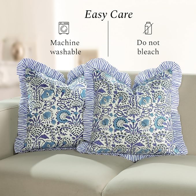 CPC Indigo Blue Ruffle Throw Pillow Covers for Couch, 24x24 Inch Cotton Stripe Ruffle Couch Pillows for Living Room, Hidden 20 Inch Zipper Boho Pillow Case or Cute Outdoor Pillows