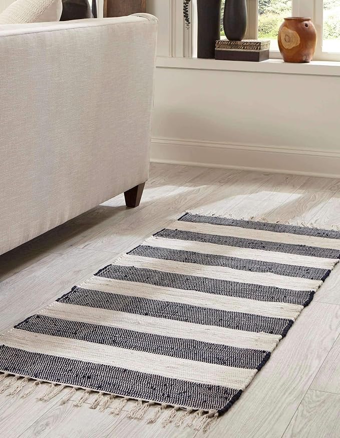 Unique Loom Chindi Rag Collection Area Rug - Striped (2' 2" x 12' 2" Runner, Navy Blue/ Ivory)