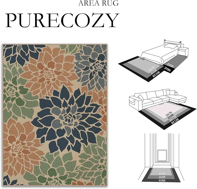PureCozy 5x7 Easy Jute Outdoor Rug Navy/Organge Floral Textured Indoor Outdoor Area Rug Farmhouse Patio Carpet for Backyard, Patio, Porch, Easy-Cleaning, High Traffic, Pet-Friendly, Non-Shedding