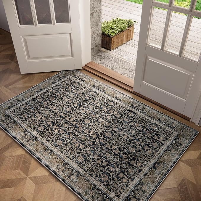 Washable 3x5 Entryway Rug, Boho Vintage Non-Slip Door Mat, Black/Navy Blue | 0.3" Neutral Throw Small Rugs for Bedroom Kitchen Nursery Entrance, Cushioned for High-traffic Area