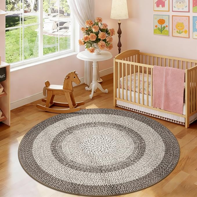 Modern Bordered Round Area Rug 4ft Washable Bedroom Circle Rugs Non Slip Stain Resistant Dining Room Round Throw Carpet Contemporary Circle Mats for Living Room Kitchen Nursery, Mocha