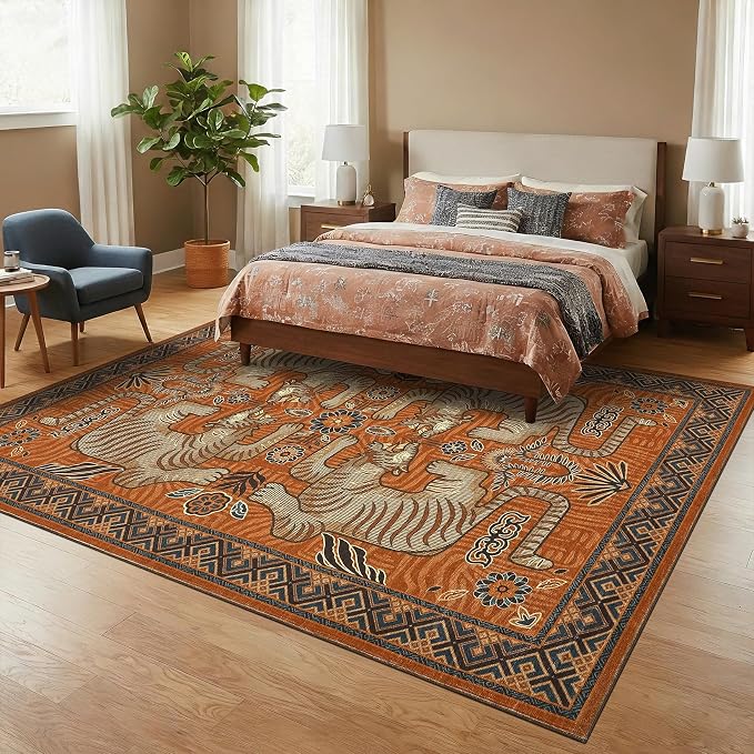 GarveeHome Large Tibetan Tiger Area Rugs 9x12 for Living Room, Boho Tribal Terracotta Washable Rug Soft Non Slip Vintage Mat Indoor Carpet for Bedroom Dining Room Playroom Nursery Decor