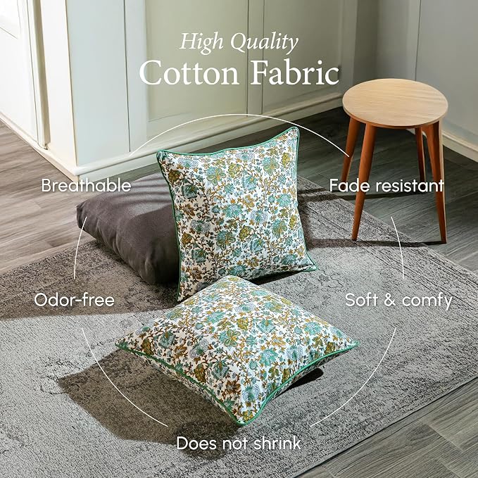 CPC 100% Cotton Throw Pillow Covers 18x18 Inch, Set of 2 Blue Block Print Pattern Couch Pillow, Cute Boho Decorative Pillows for Living Room, Bedroom with Hidden Zipper- Harvest Bloom