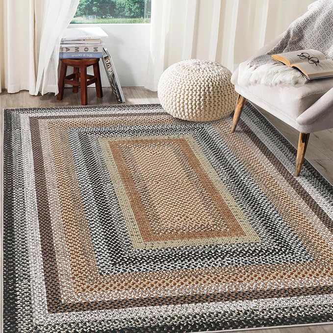 RUGSREAL 9x12 Braided Rug Washable Living Room Area Rug Modern Braid Printed Large Bedroom Carpet Dining Room Rug with Rubber Backing Farmhouse Accent Carpet for Home Decor Office, Sand/Bronze