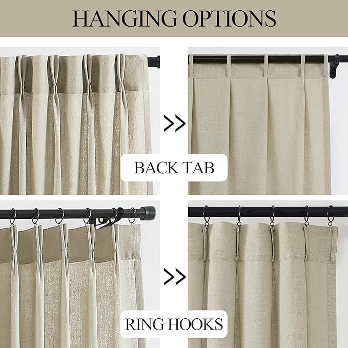 Vision Home Sand Pinch Pleated Semi Sheer Curtains Textured Linen Blended Light Filtering Window Curtains 90 inch for Living Room Bedroom Patio Pinch Pleat Drapes with Hooks 1 Panel 84" Wx90 L