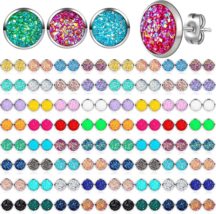 Epakh 64 Pairs Faux Druzy Stud Earrings Set Stainless Glitter Pierced Earrings for Women, 32 Colors