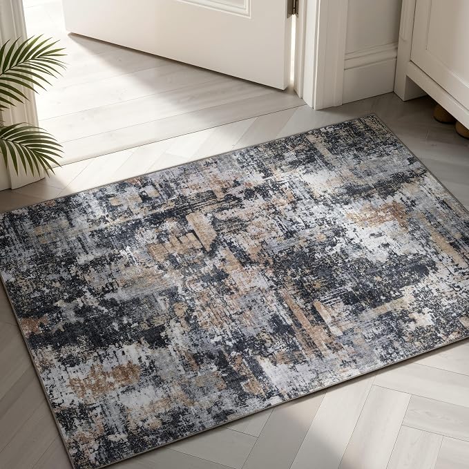 Sasttie 2x3 Area Rug for Entryway, Washable Modern Abstract Small Carpet for Living Room Bedroom Door-mat, Soft Entry Rug with Non-Slip Backing, Black and Cream