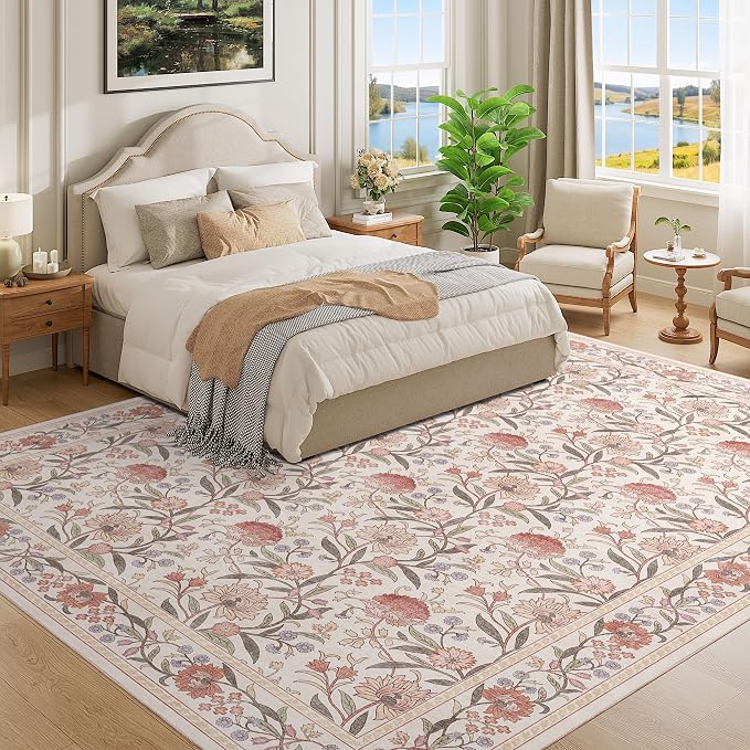 DUKINO 9x12 Area Rug for Living Room Vintage Floral Washable Rug Beige Pink | Non Slip, Low Pile, Non-Shedding, Stain Resistant, Aesthetic Soft Indoor Large Carpet for Bedroom Dining Room Farmhouse