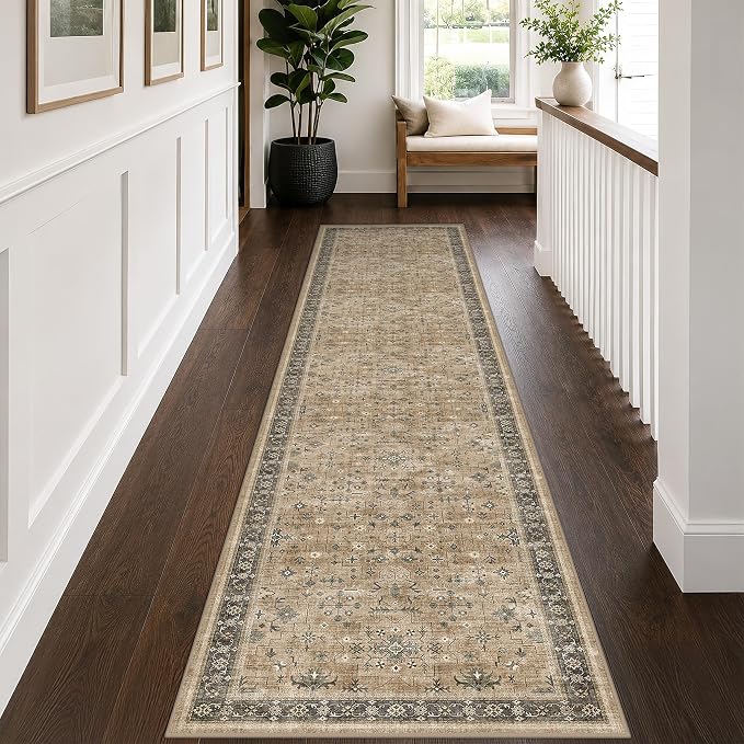 Washable Natural Sage 2x10 Entryway Long Runners for Hallways, Kitchen Floor Mat for Indoor Entrance, Taupe Vintage Earthy Decor, Non-Slip Stain Resistant Low-Pile Throw Rug