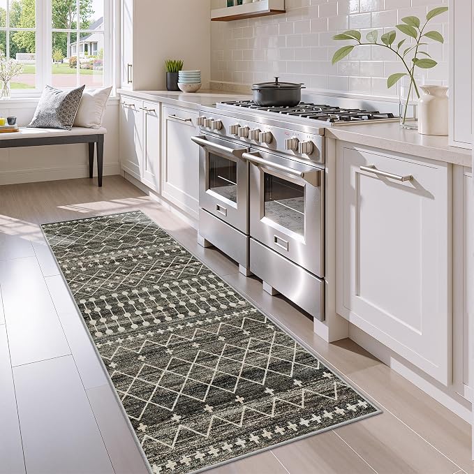 Miukiki 2x6 Hallway Runner Rug Moroccan Washable Kitchen Rug Non Slip Indoor Floor Kitchen Runner Rug Foldable Carpet for Bathroom Laundry Room with Low Pile(Black,2'x6')