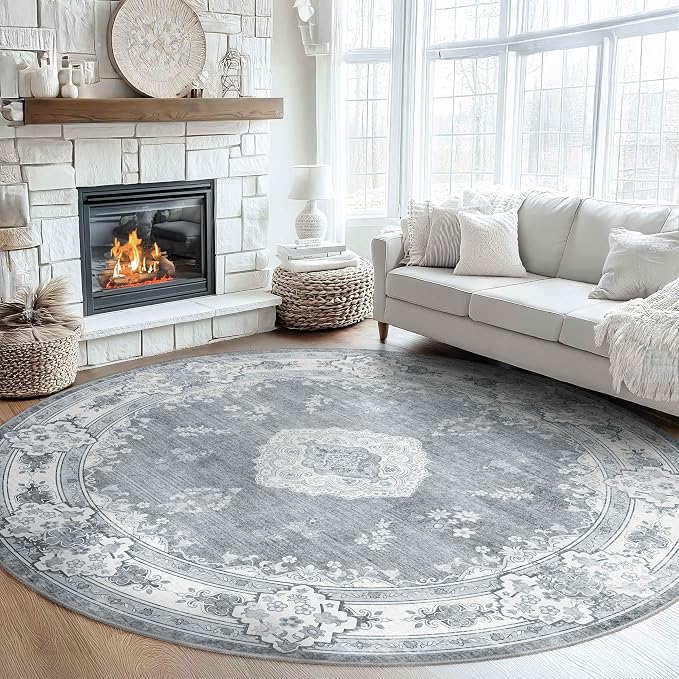 MUJOO Grey Round Rug 9ft,Circle Washable Area Rug Non Slip Low-Pile Floral | Large Circular Rugs for Living Room Bedroom Dining Room Boho Throw Carpet Soft Floor Indoor Vintage Bohemian Flowers