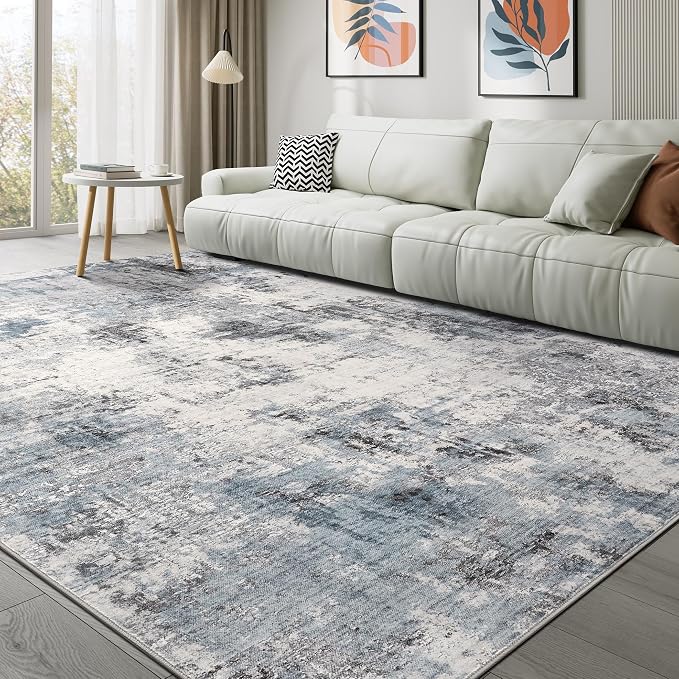 Abstract 12x15 Area Rug: Machine Washable Non Slip Ultra Thin Low-Pile Carpet, Soft Stain Resistant for Living Room Bedroom Office, Kid Pet Friendly, Robot Vacuum Compatible - Grey Blue