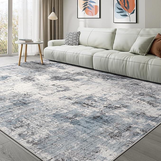 Abstract 10x14 Area Rug: Machine Washable Non Slip Ultra Thin Low-Pile Carpet, Soft Stain Resistant for Living Dining Room Bedroom, Kid Pet Friendly, Robot Vacuum Compatible - Grey Blue