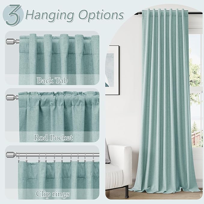 Guken Light Blue 100% Blackout Linen Curtains 96 Inch Length 2 Panels Set for Living Room Bedroom Back Tab/Rod Pocket Thermal Insulated Black Out Drapes Room Darkening Farmhouse Window Curtains