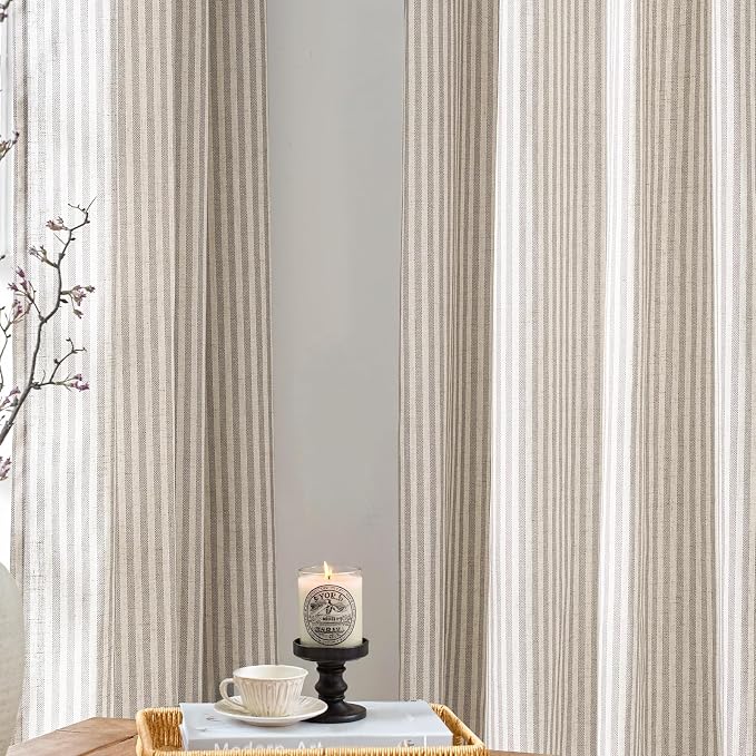jinchan Linen Curtains 63 Inch Taupe Grey Stripe on Beige Grommet 2 Panels | Curtains for Living Room Bedroom,Ticking Stripe Pattern,Farmhouse Cottage Core Rustic, Window Treatment,Light Filtering