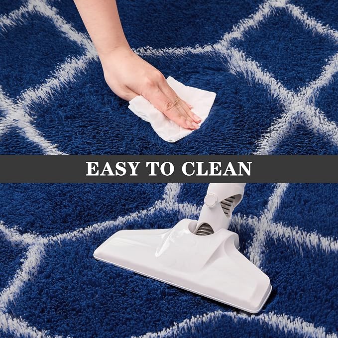 Fluffy Rug for Bedroom, Soft 4x6 Blue Shag Plush Geometric Area Rugs | Modern Blue and White Rug, Non Slip Carpet for Living Room, Aesthetic Home Decor, Fuzzy Floor Mat for Nursery Teen Dorm