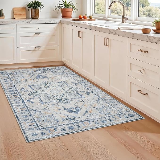 Joydeco 3x5 Area Rugs Vintage, Blue&Grey | Non Slip Machine Washable Low Pile for Livingroom Bedroom Dining Room Home Office