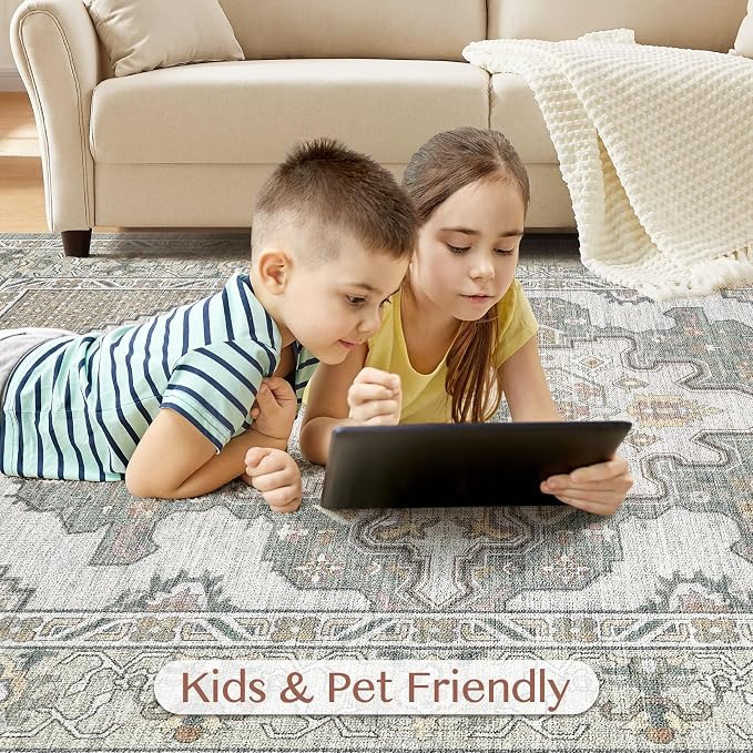 Tortania Area Rug Living Room Rugs - 6x8 Washable Boho Rug Vintage Oriental Distressed Farmhouse Large Thin Indoor Carpet for Living Room Bedroom Under Dining Table Home Office - Sage Green