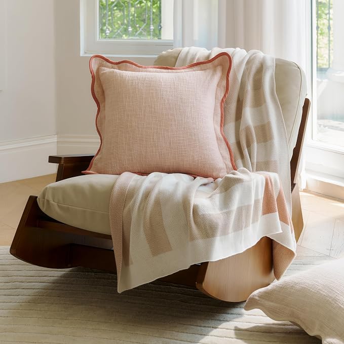 Double Stitch Scalloped Throw Pillow Covers - 100% Cotton Set of 2 Decorative Boho Pillow Covers 20 x 20, Made in India, Square Cushion Case, Modern Home Decor for Couch Sofa Living Room, Shell Pink