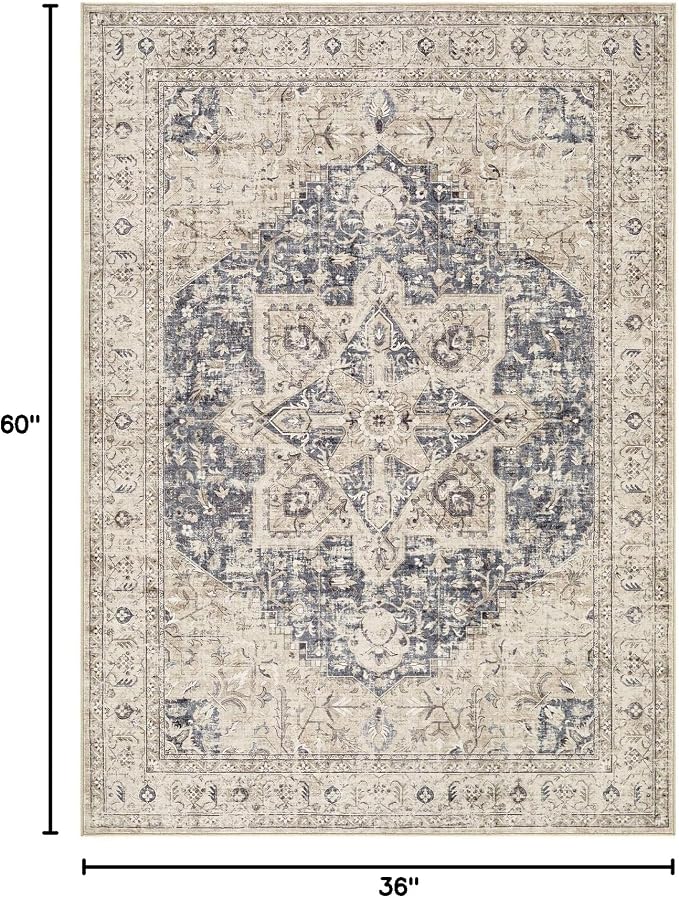 Tortania Area Rug Living Room Rugs - 3x5 Washable Rug Vintage Oriental Distressed Farmhouse Small Thin Indoor Carpet for Living Room Bedroom Under Dining Table Home Office - Cream Blue
