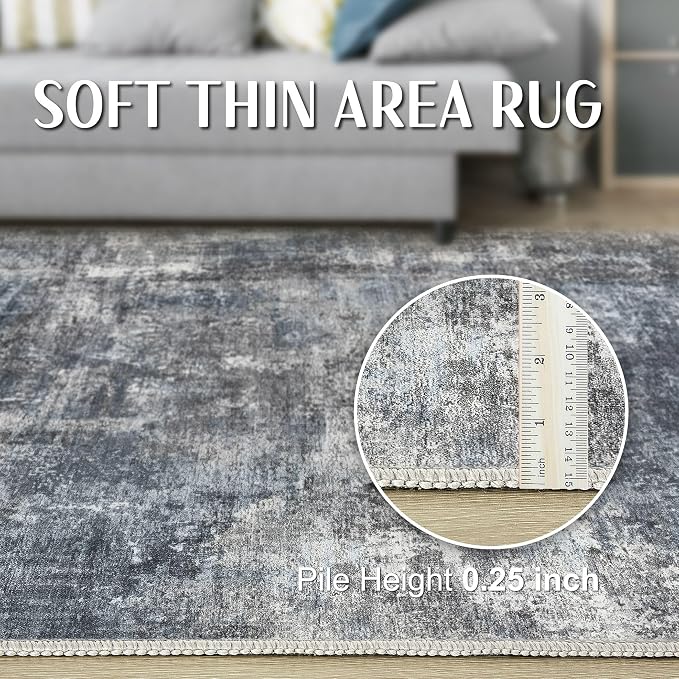 Abstract 9x12 Area Rug: Machine Washable Non Slip Ultra Thin Low-Pile Carpet, Soft Stain Resistant for Living Dining Room Bedroom, Kid Pet Friendly, Robot Vacuum Compatible - Dark Grey/Blue