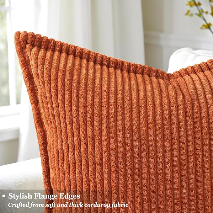 decorUhome Fall Corduroy Rust Throw Pillow Covers 12x20 Set of 2 | Lumbar Couch Decorative Soft Modern Boho Farmhouse Pillow Covers Broadside Striped Pillow Cases for Living Room Bed Sofa