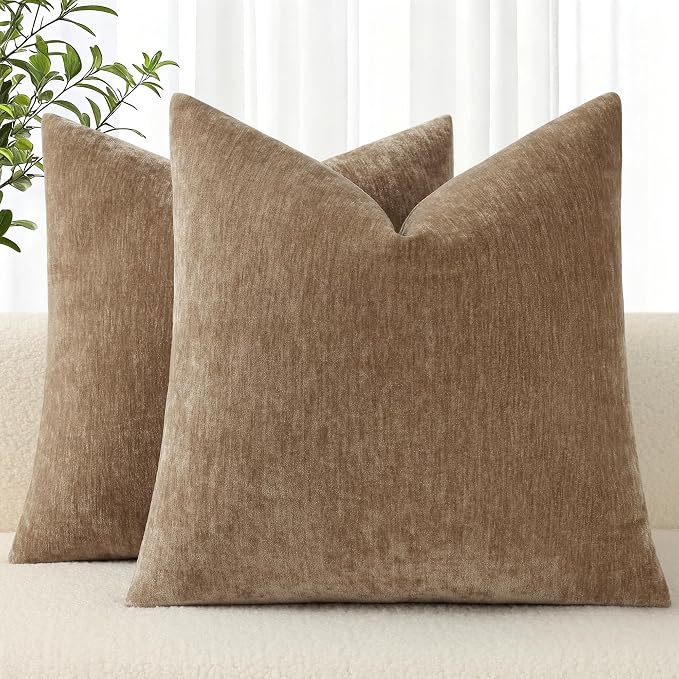 decorUhome Soft Chenille Brown Throw Pillow Covers 16X16 Set of 2 | Decorative Fall Couch Pillow Covers Solid Dyed Accent Modern Farmhouse Neutral Square Pillow Cases for Sofa