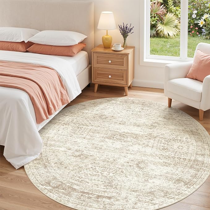 Round Rug 6ft,Circle Rug for Dining Room Table,Beige | Washable Rugs for Kitchen,Entryway,Bedroom,Dining Room,Nursery Room,Thin,Soft Runner Rug,Stain Resistant Indoor Carpet