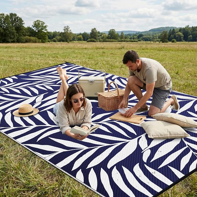 Smiry Outdoor Rug 9x12 ft, Waterproof Reversible Plastic Straw Rugs, Outdoor Area Rug with Leaf Pattern, Outside Floor Mat for Patio, Backyard, Deck, Picnic, Beach, Camping, Navy & White