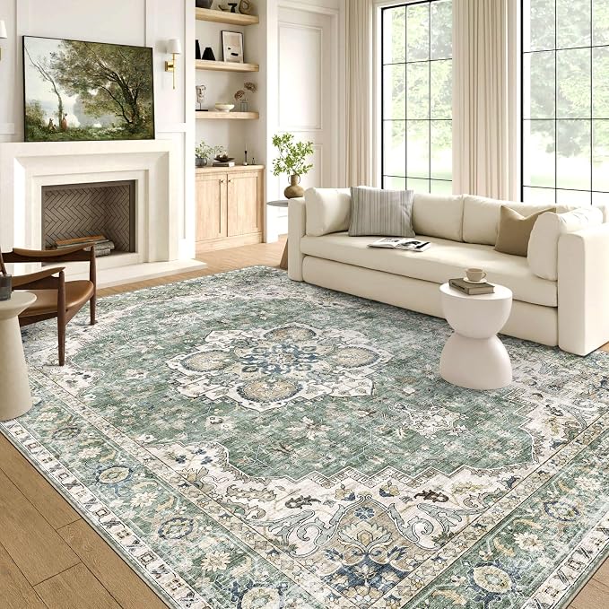 LUXRUG Washable Area Rug 5x7 - Boho Living Room Rug Stain Resistant Soft Bedroom Rug Ultra-Thin Sage Green Vintage Oriental Farmhouse Dining Room Rugs for Under Table Indoor Carpet for Living Room