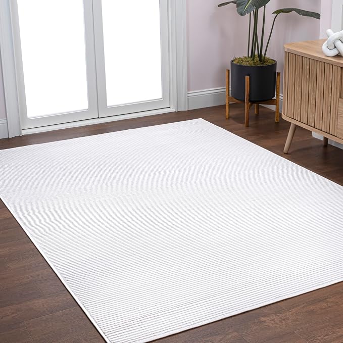 JONATHAN Y Cole Pinstripe High-Low White/Silver Indoor Area Rug, 3x5, Modern, Minimalist, Easy-Cleaning for Living Room, Bedroom, Kitchen, Pet Friendly, Non-Shedding (CAR101C-3)