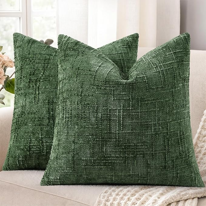decorUhome Textured Chenille Throw Pillow Covers 16x16 Set of 2 Emerald | Fall Modern Farmhouse Soft Cozy Slubby Couch Pillow Cases Boho Decorative Pillow Cases for Bed Sofa Living Room Home Decor