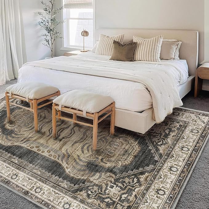CHAMPLANT Area Rug 6'x9' Washable Vintage Traditional Floor Cover Thin Retro Kitchen Indoor Distressed Non Slip Carpet for Living Room Bedroom Dining Room